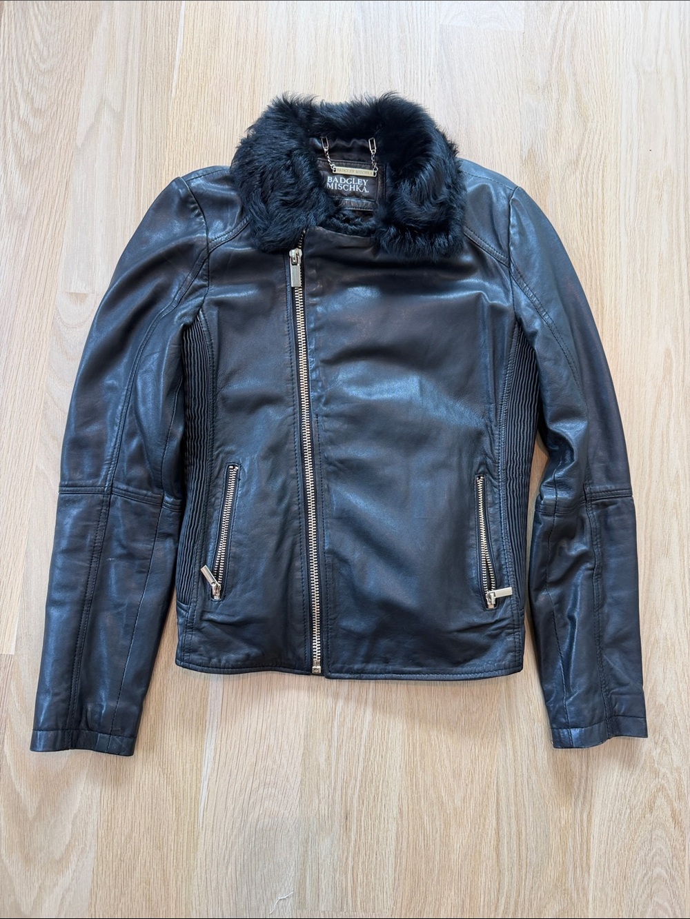 Badgley Mischka Black Leather Jacket with Auth Lamb-Fur Trim